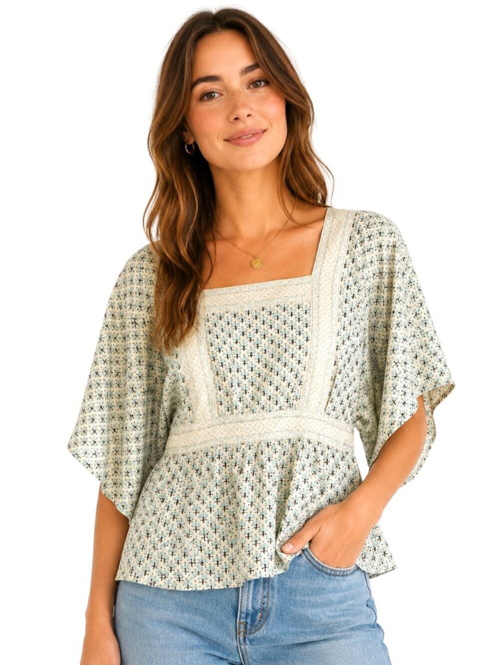 Max Studio Aqua Blue Brown Print 100% Silk Boho Top